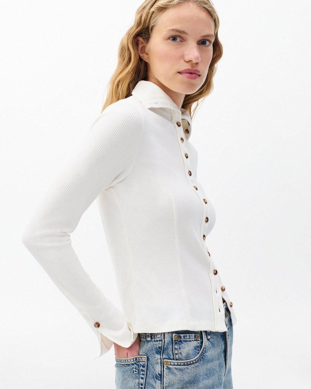 The Knit Ribbed Buttoned Cardigan - Ivory - Image 5