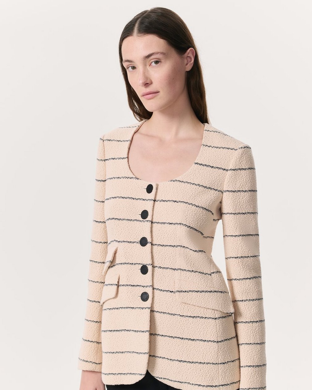 Roslyn Cotton Tweed Scoop-Neck Blazer - Cream - Image 3