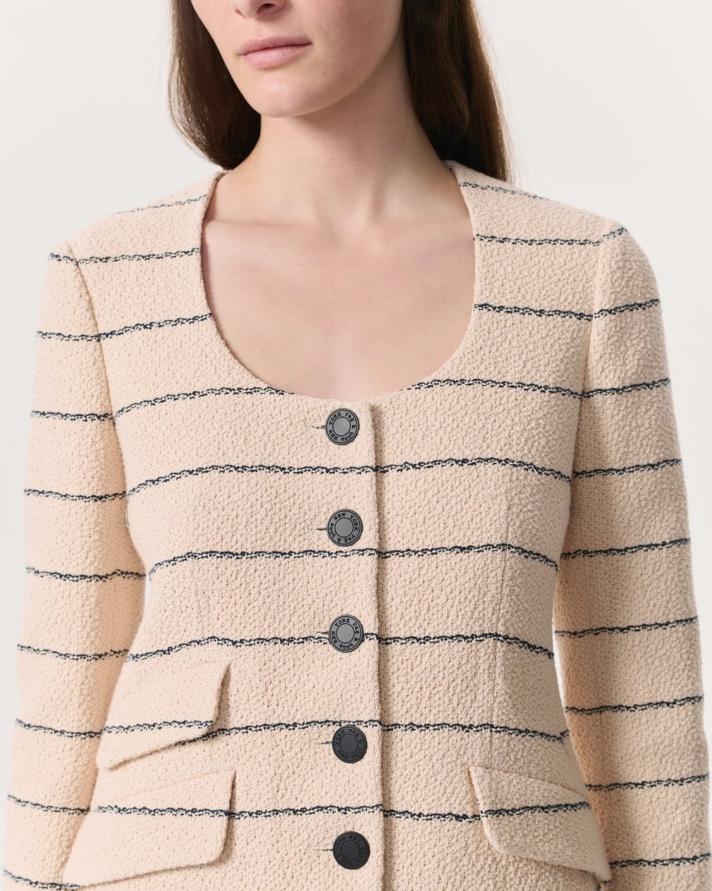 Roslyn Cotton Tweed Scoop-Neck Blazer - Cream - Image 6