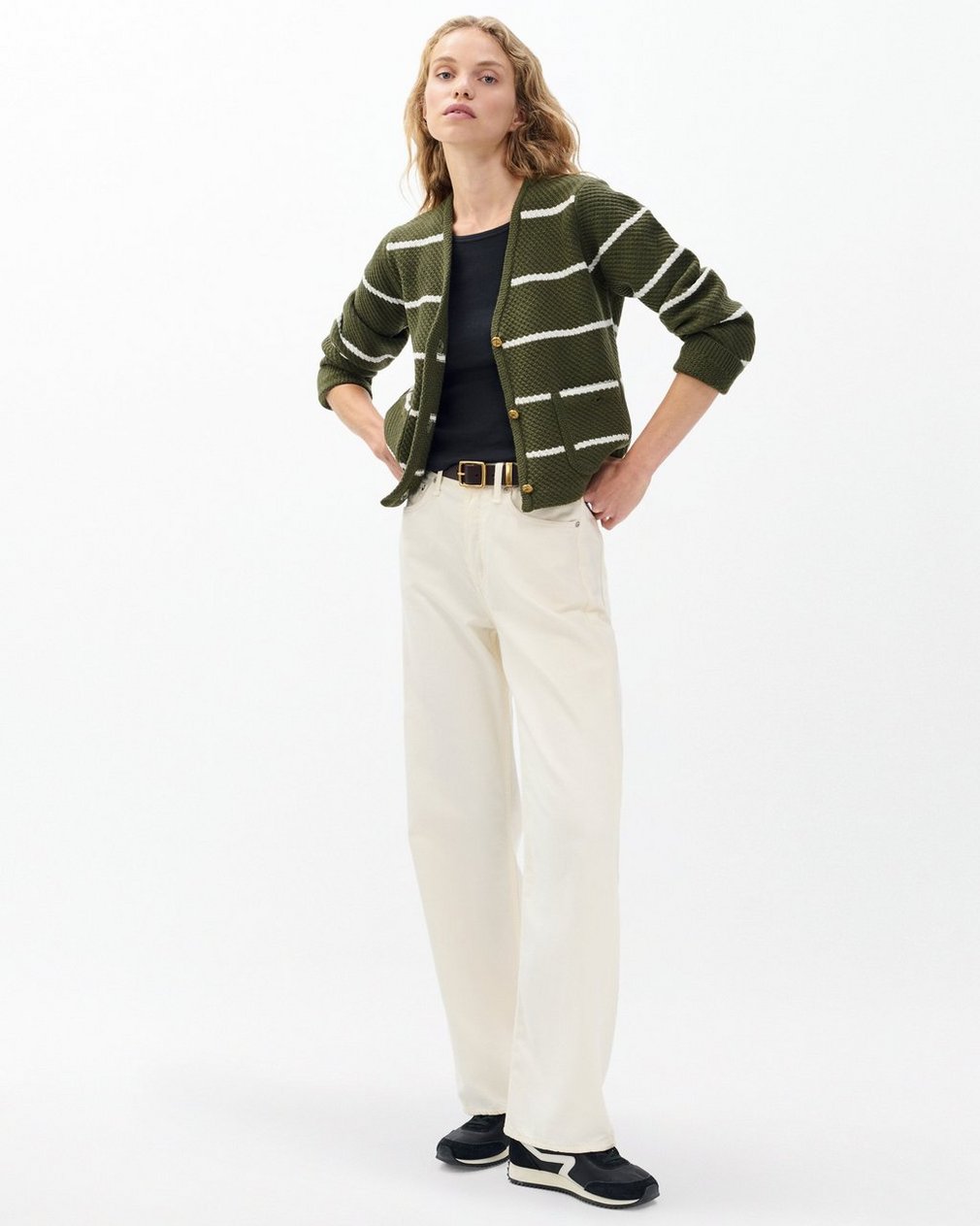Peggy Striped Wool V-Neck Cardigan - Army Multi - Image 3