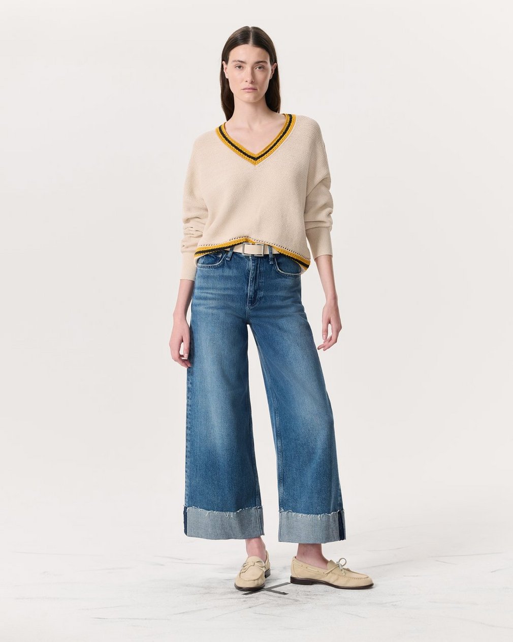 Meghan Striped Crochet-Trim V-Neck Sweater - Ivory - Image 4