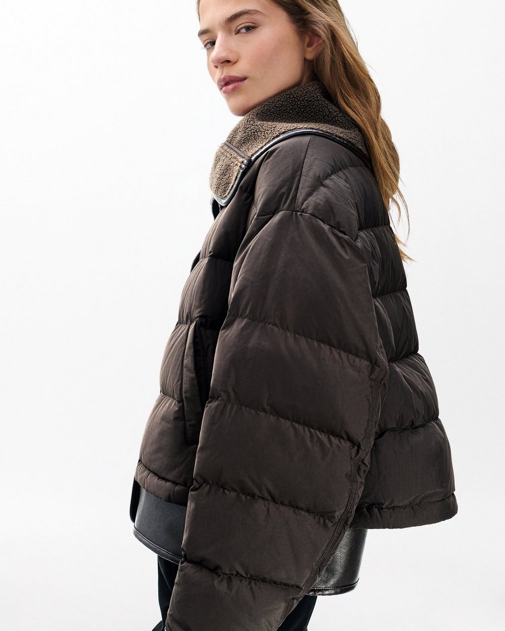 Gloria Mixed-Media Puffer Jacket - Brown - Image 5
