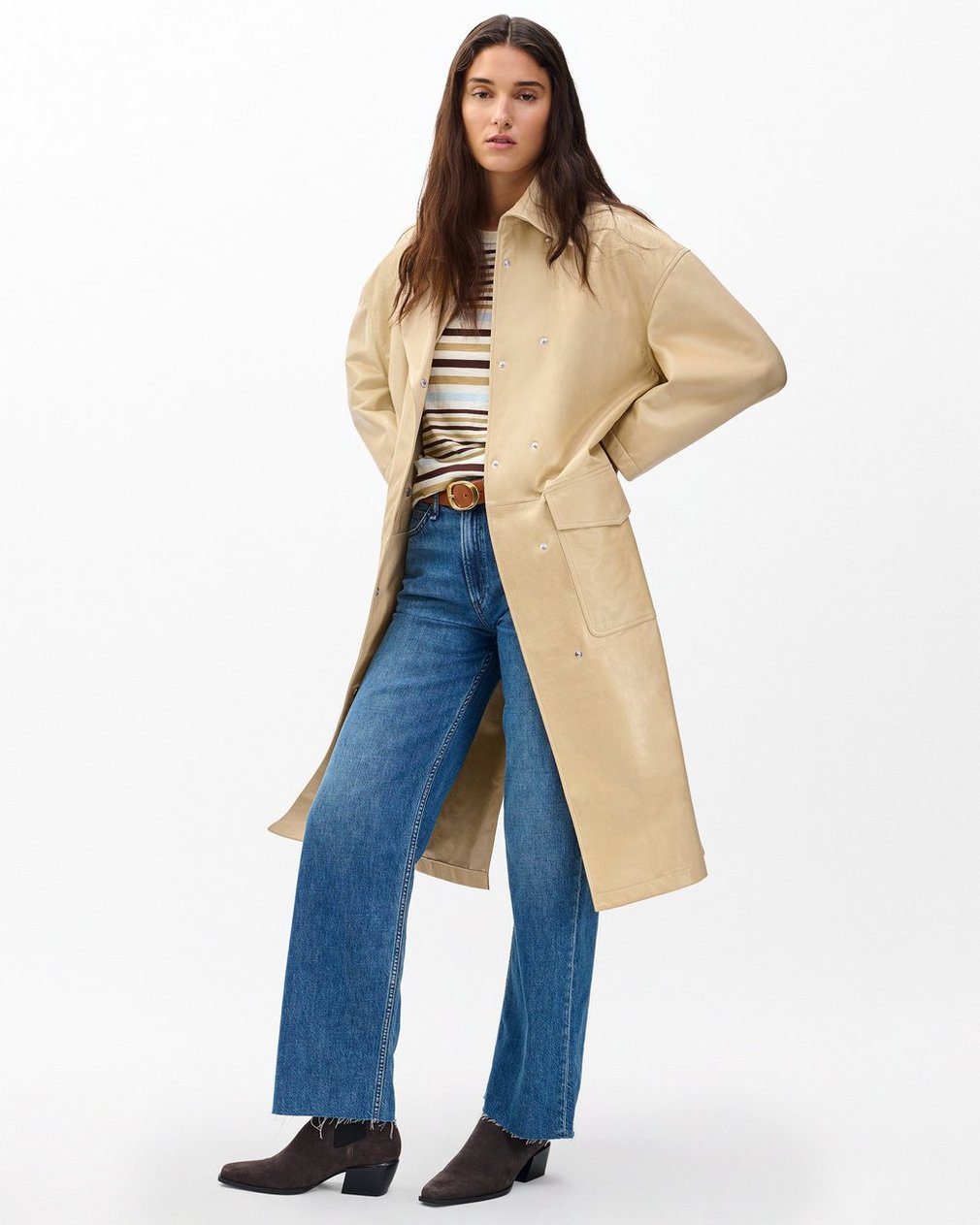 Rue Lamb Leather Trench Coat - Tan - Image 3