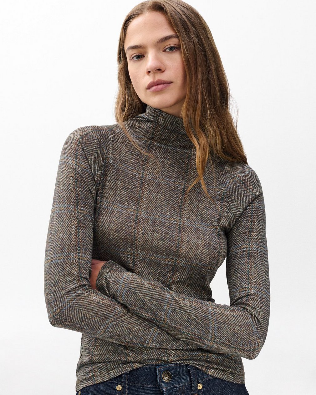 Shaw Plaid Turtleneck Tee - Brown Multi - Image 5