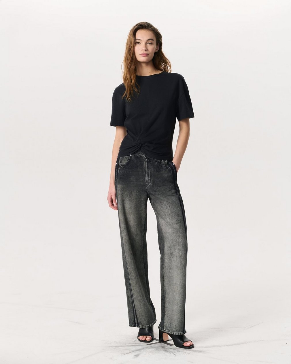 Mica Twist-Detail Draped Cotton T-Shirt - Black - Image 4