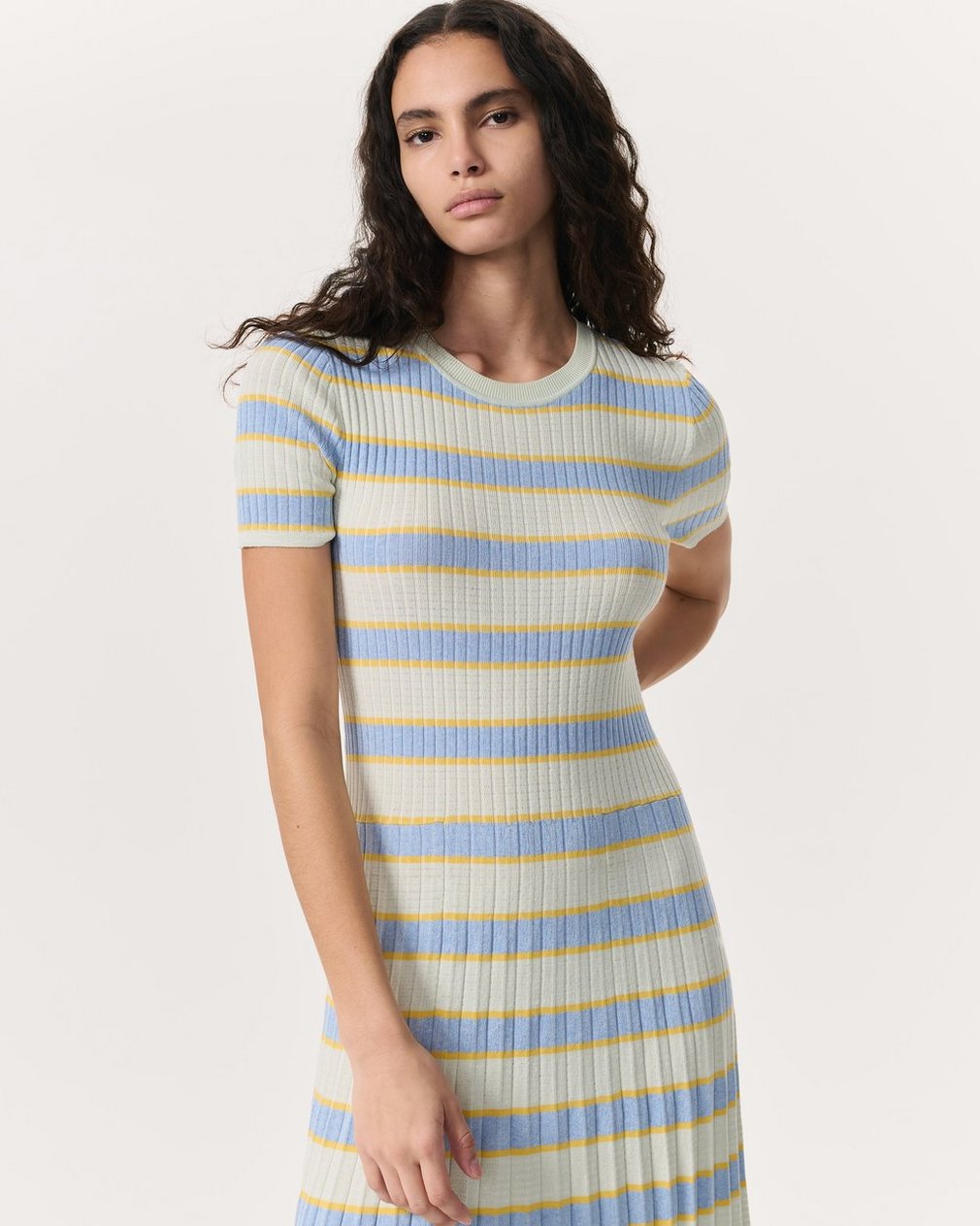 Eloise Striped Rib-Knit Pleated Midi Dress - Green Multi - Image 3