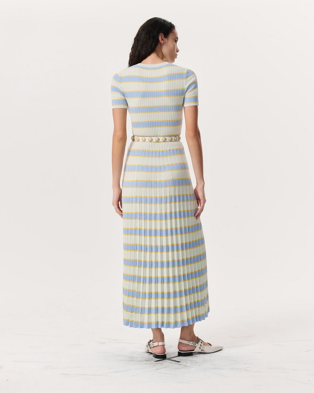 Eloise Striped Rib-Knit Pleated Midi Dress - Green Multi - Image 5