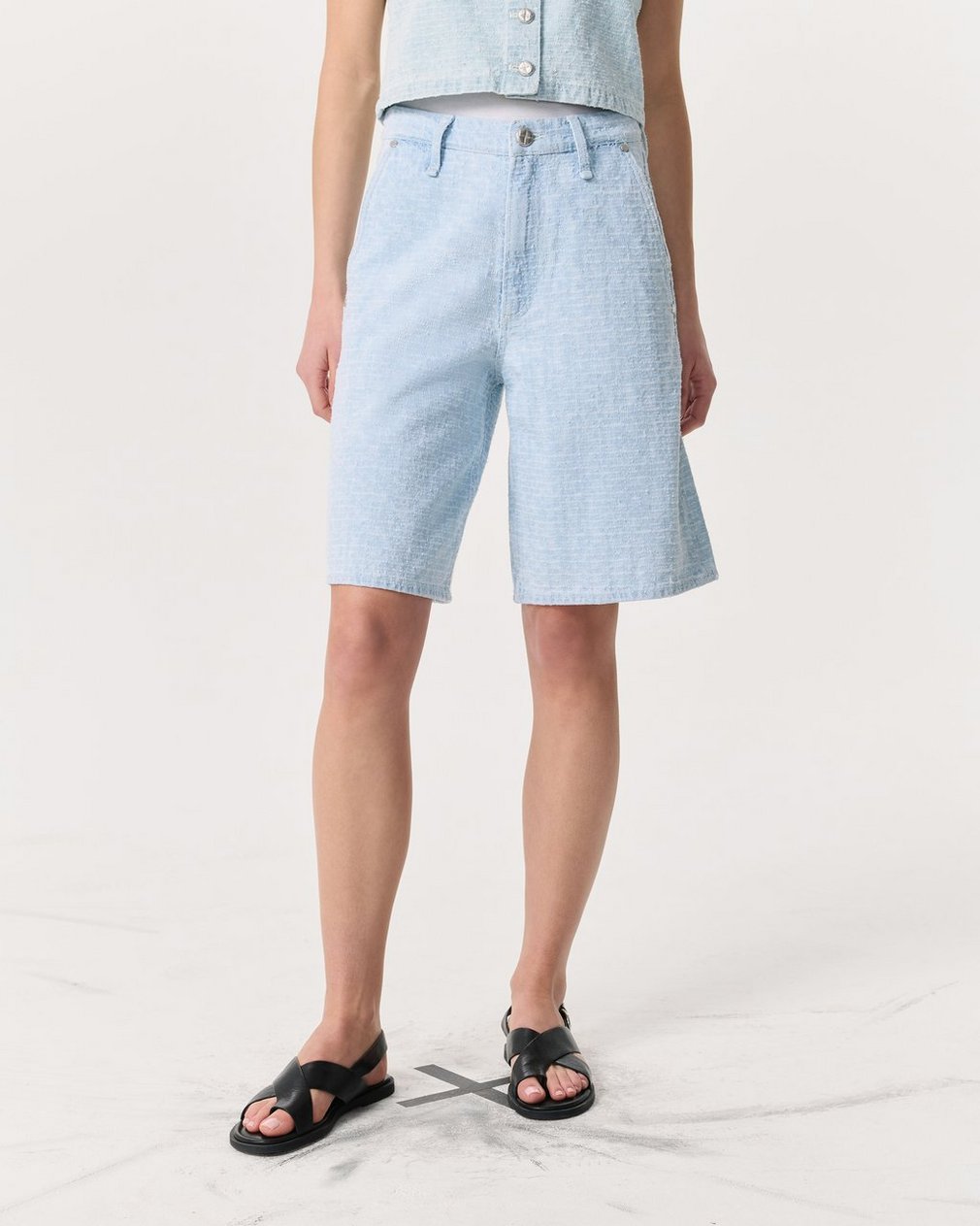 Tailored McKenna Textured Denim Shorts - Sky Blue Tweed - Image 3