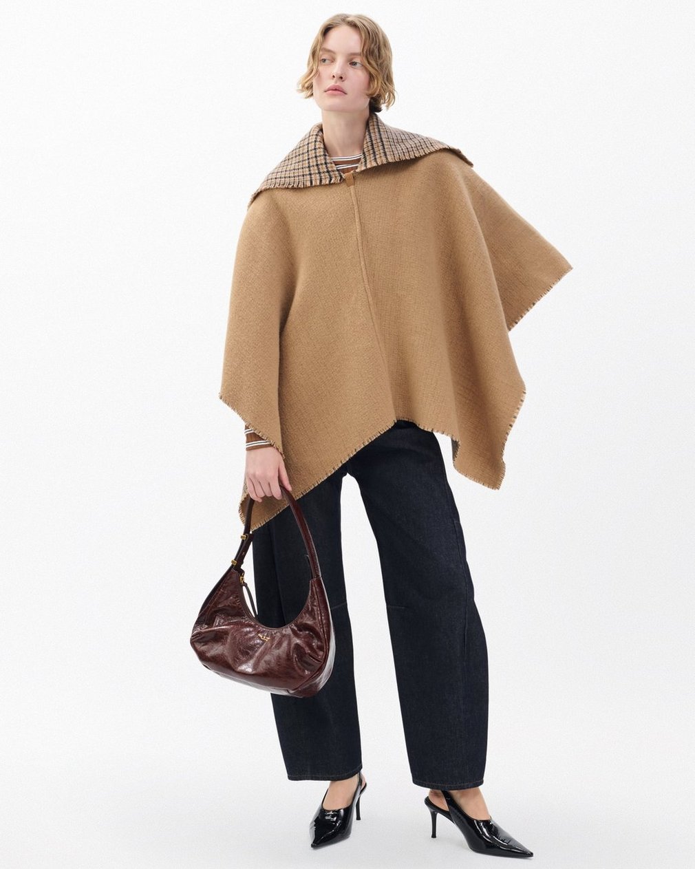 Wendy Reversible Cowl Poncho - Camel Plaid - Image 3