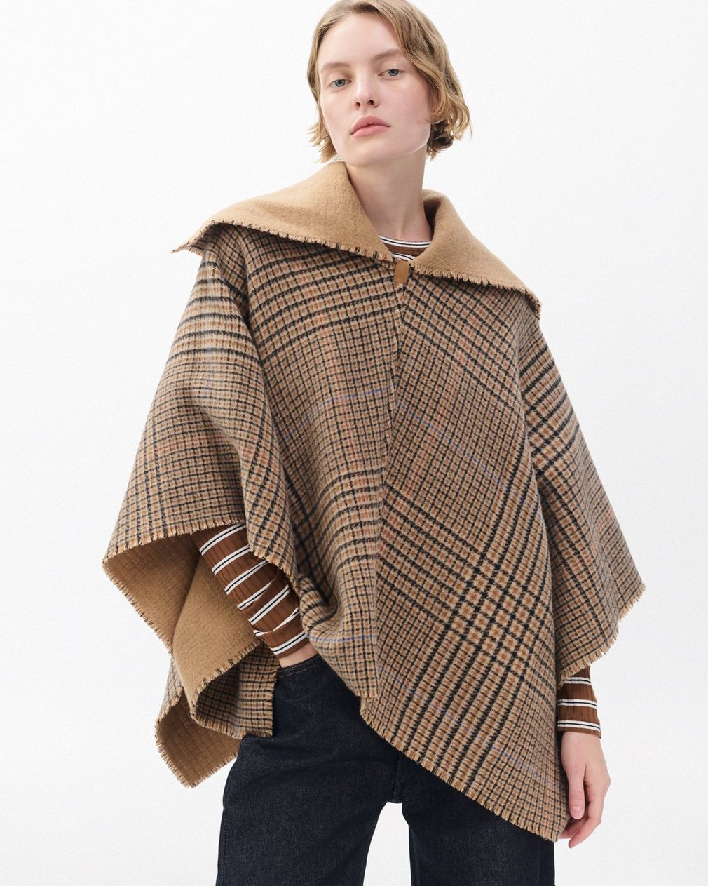 Wendy Reversible Cowl Poncho - Camel Plaid - Image 4