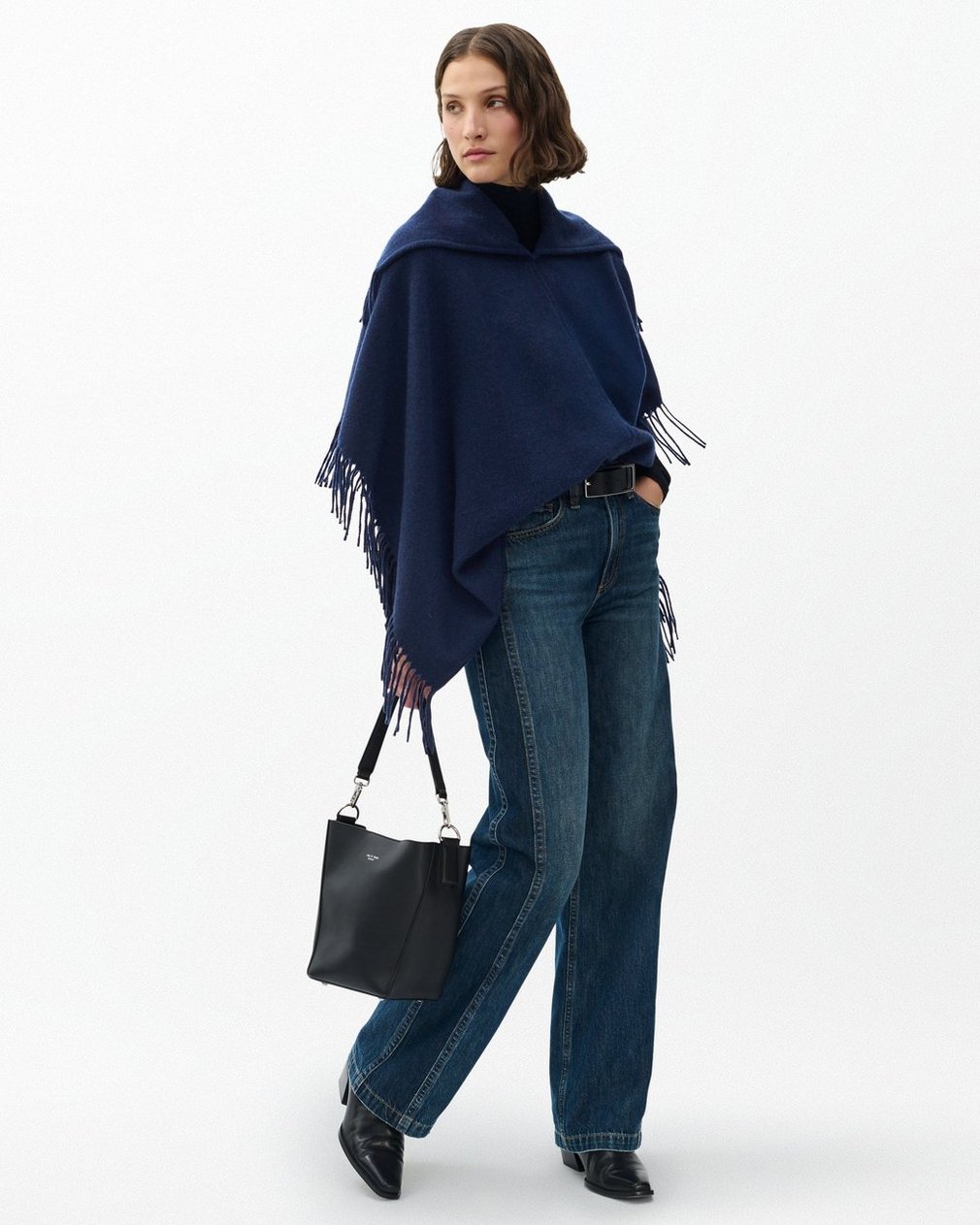 Darcey Italian Wool Cowl Poncho - Navy - Image 3