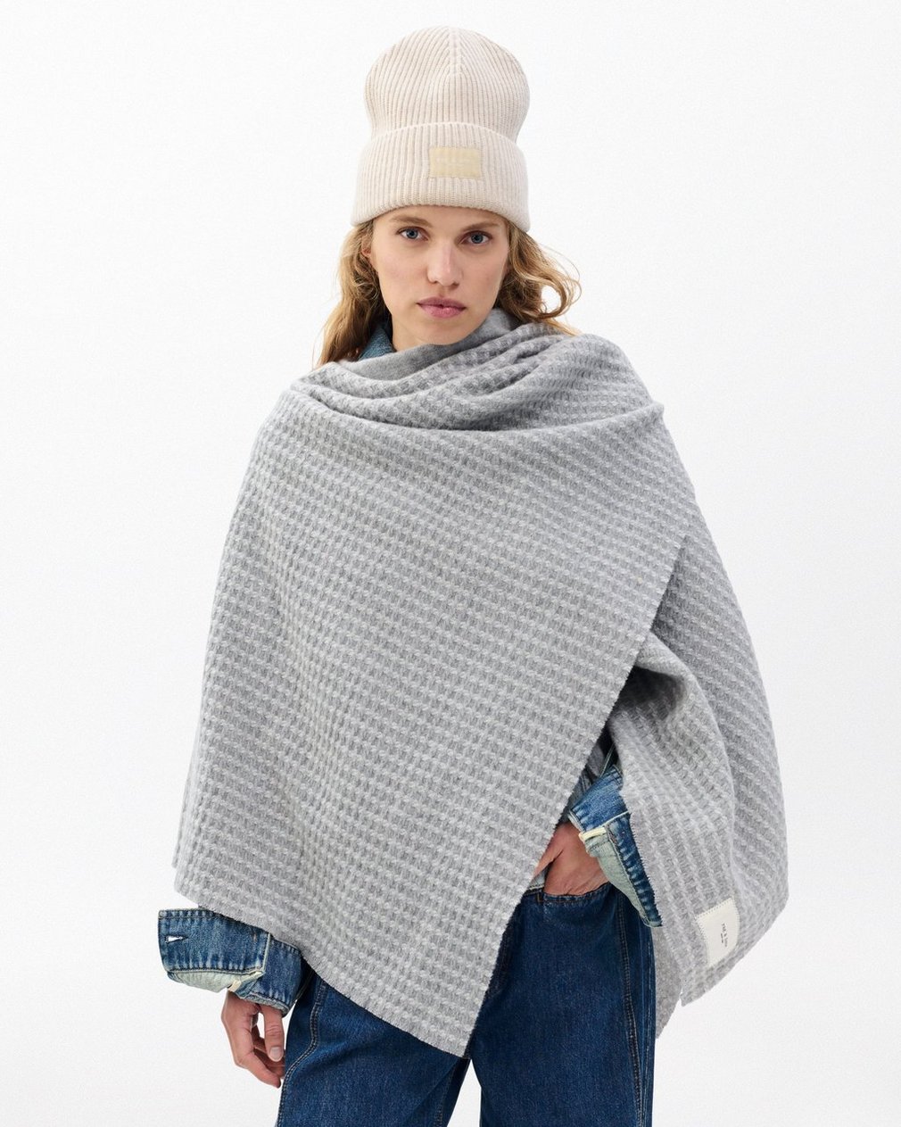 Joni Waffle-Knit Wool Poncho - Grey - Image 3