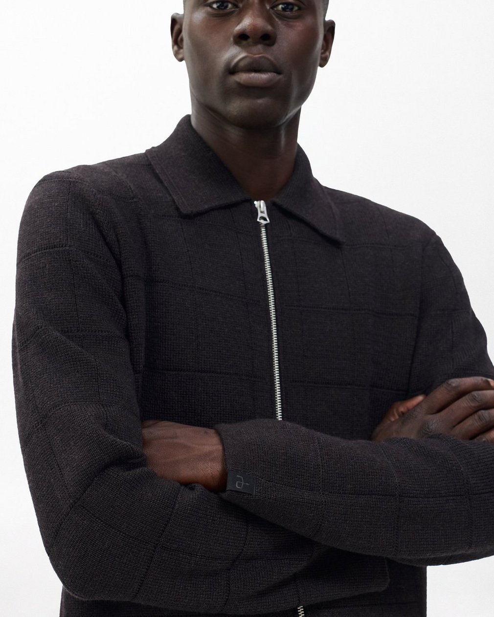 Melrose Full-Zip Windowpane Wool Sweater - Brown - Image 5