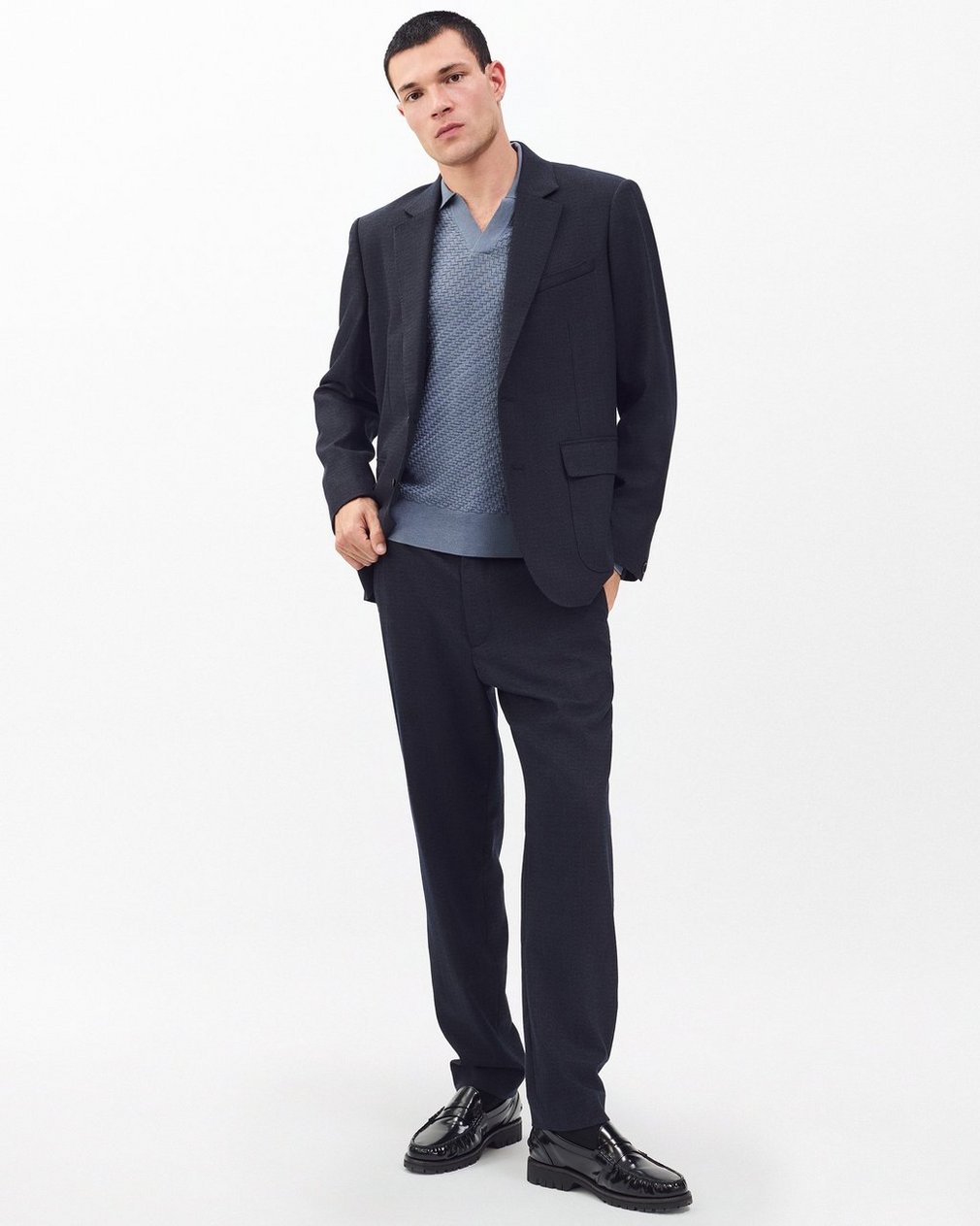 Charles Johnny Collar Wool Polo - Blue - Image 3