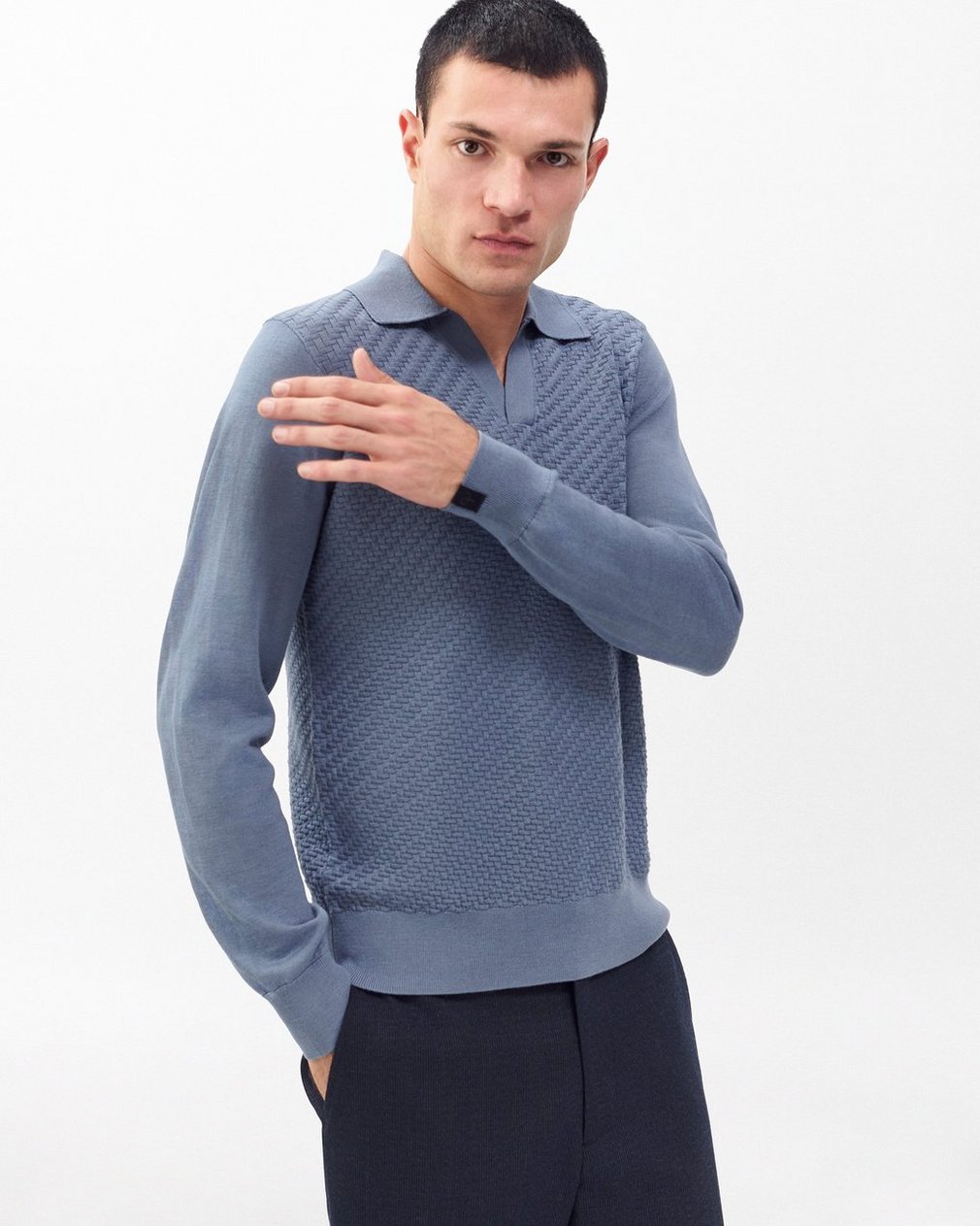 Charles Johnny Collar Wool Polo - Blue - Image 4