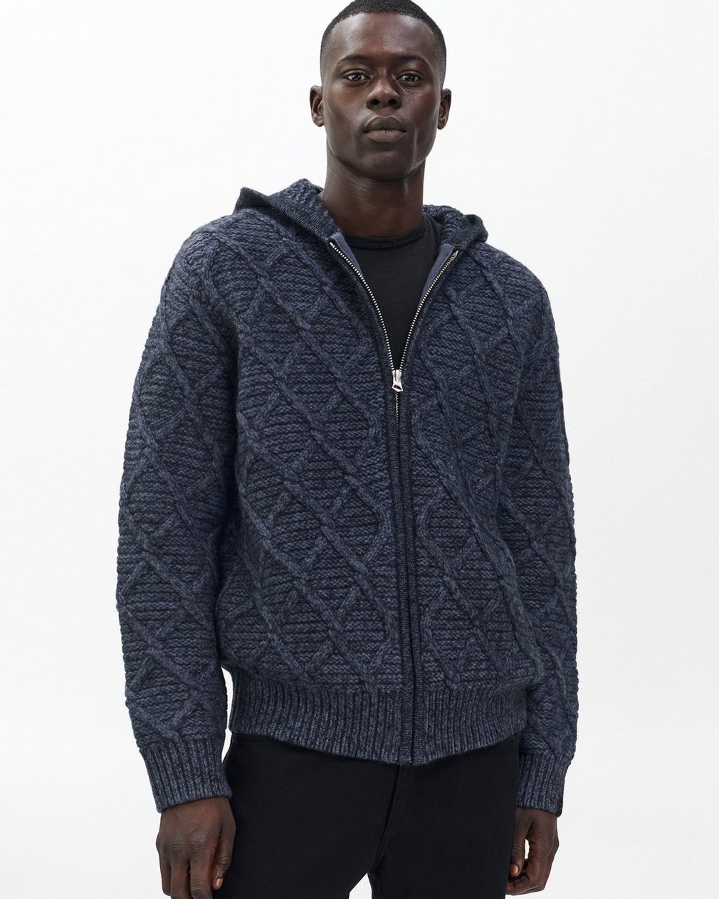 Cable-Knit Full-Zip Hoodie - Navy Multi