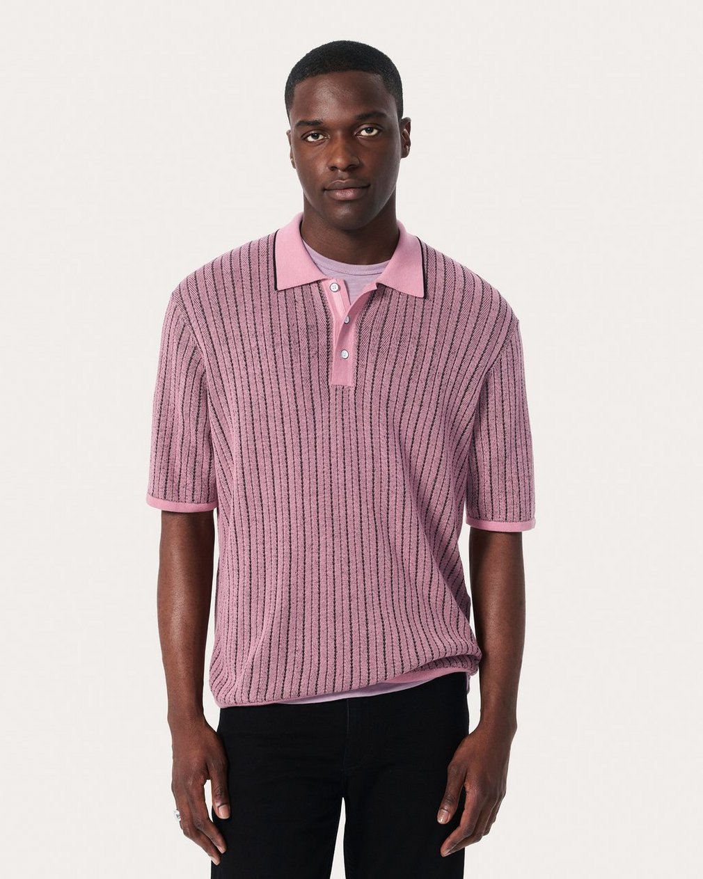 Harvey Striped Knit Polo Shirt - Grape - Image 2