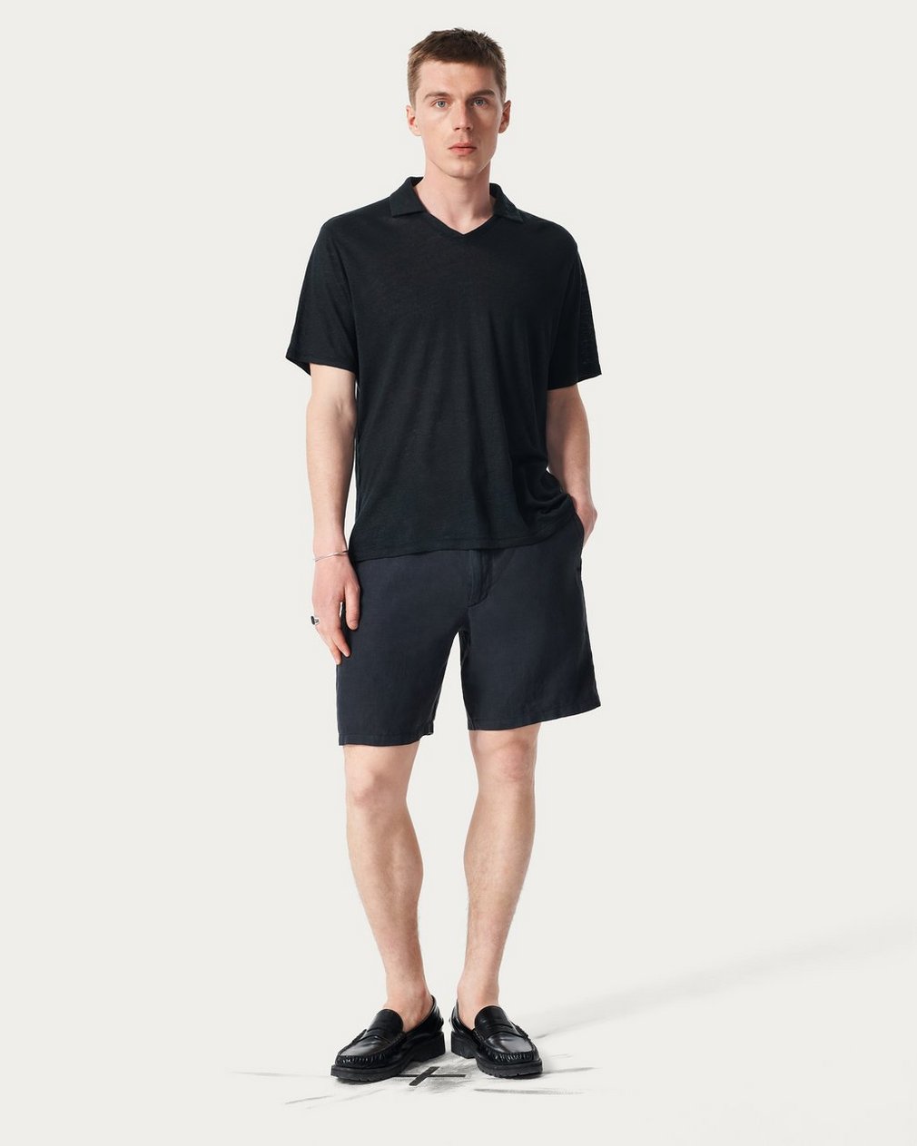Linen Johnny Collar Polo - Black - Image 3