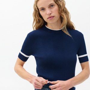 Kassy Ribbed Short-Sleeve Sweater Navy