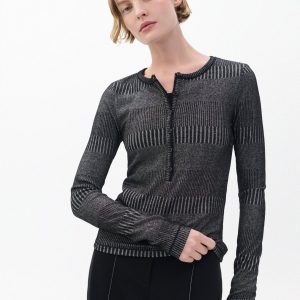 The Knit Striped Ribbed Henley Black White Multi