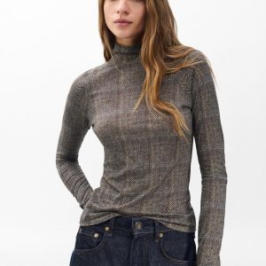 Shaw Plaid Turtleneck T Shirt Brown Multi