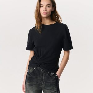 Mica Twist-Detail Draped Cotton T-Shirt Black