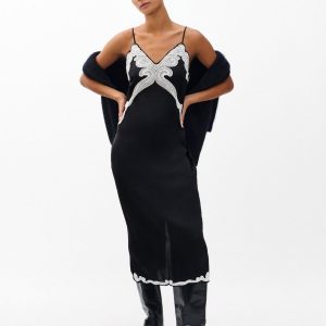 Ann Embroidered Slip Dress Black