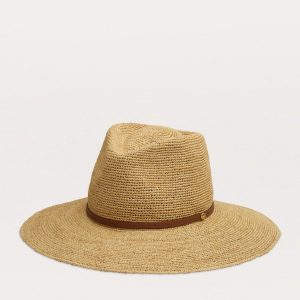 Leather-Trimmed Wide-Brim Raffia Hat Natural