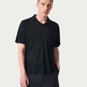 Linen Johnny Collar Polo Black